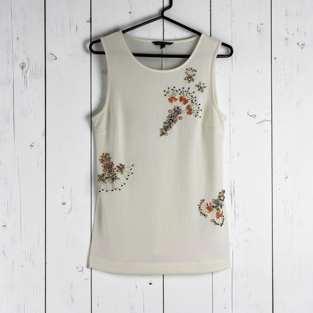 Banana Republic Embellished Sleeveless Tank Top Cream Floral Beaded Medium
